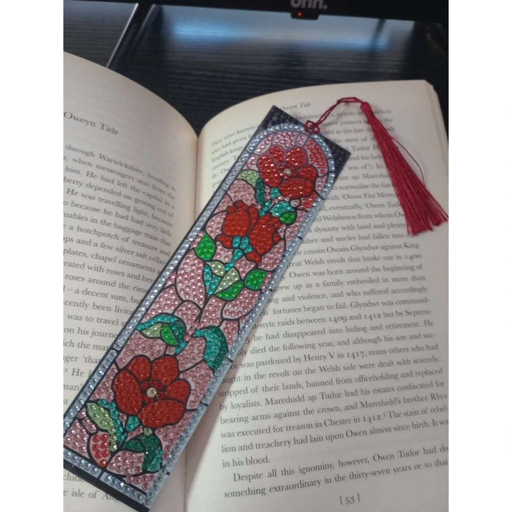 Handmade Diamond Painting Floral Bookmark Red Tassel Faux Stained Glass 7.5